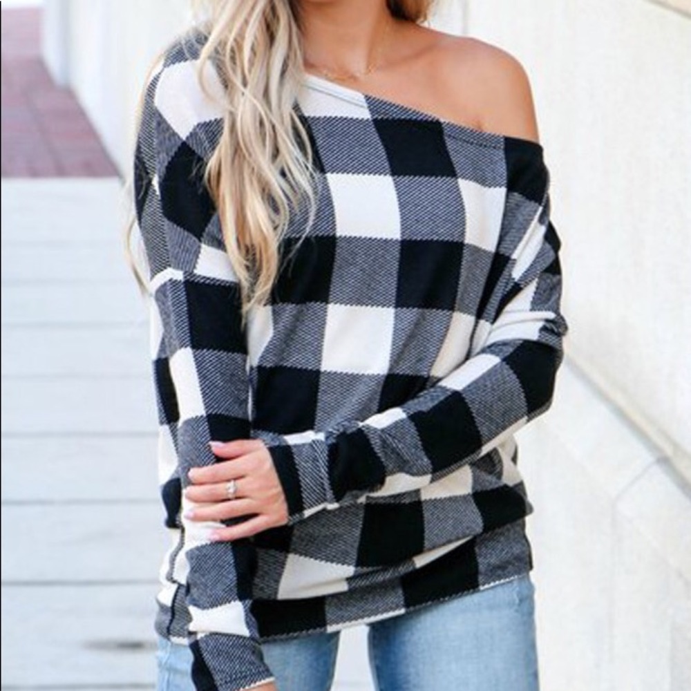 Off the shoulder buffalo plaid